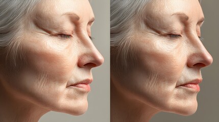 Obraz premium Visual comparison in a facelift article, showing before-and-after results where deep wrinkles and fine lines have significantly diminished, revealing youthful, firm skin