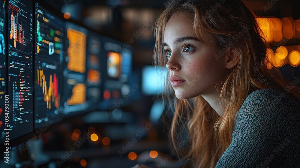 Poster woman focused on computer screens with data and code