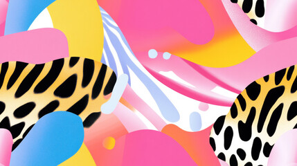 leopard animal print in yellow orange pink blue colored spot stripe seamless patchwork pattern. fashion trendy background for fabric design wallpaper