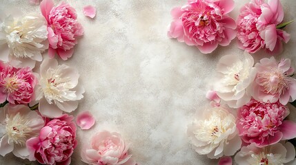 Pink and white peony flowers arranged elegantly on a soft background.