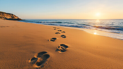Footprints on sandy beach at sunset