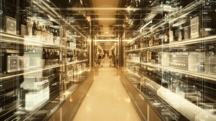 Futuristic zero-waste shop shelves lined with eco-packaging, clean and polished surfaces, digital collage, steampunk style, sepia tones