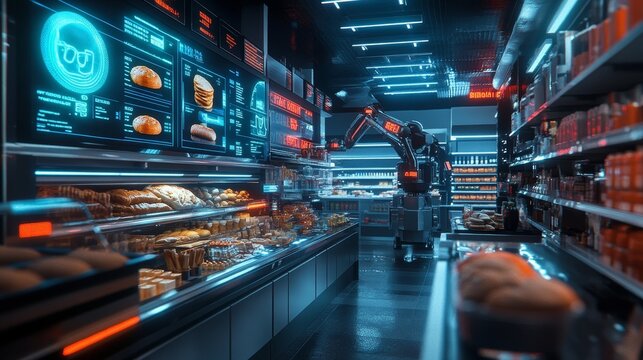 Futuristic supermarket with holographic labels, robotic arm picking up a loaf of bread from a shelf, neon lighting, sleek metallic shelves, sci-fi style