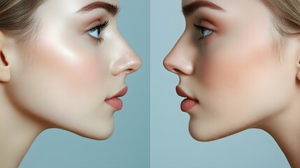 Document the difference in profile view before and after rhinoplasty, focusing on the refinement of the nose's bridge and tip