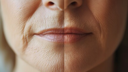 Obraz premium Visual skincare comparison post, with before-and-after shots of a woman's mouth area, highlighting the effects of anti-aging creams on fine lines and smoothness