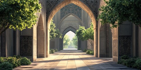 Fototapeta premium Stone archway leads to sunlit courtyard.