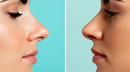 Obraz premium Capture a side-by-side comparison of a patient's nose before and after a rhinoplasty procedure, highlighting the changes in shape and symmetry