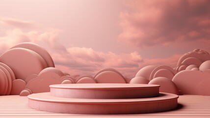 Fototapeta premium Two-Tiered Circular Platform Against a Pastel Pink Cloudy Sky