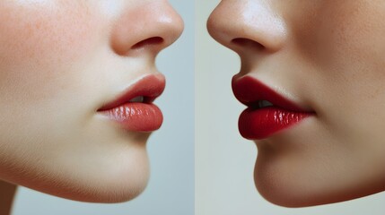 Obraz premium Wrinkle reduction around the lips, with side-by-side comparison showcasing youthful, plump skin after filler application, Realistic Photography, Crisp Lighting