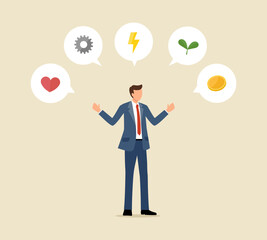 地球の環境問題について語る男性のフラットなベクターイラスト画像、ハート、産業、電力、環境、経済、マネー