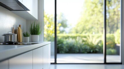 Modern kitchen with white cabinets, stainless steel appliances, and a large window overlooking a green garden.