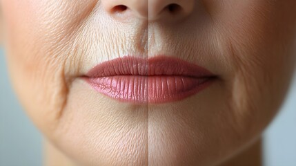 Obraz premium Before-and-after photos of lips, focusing on improved skin around the mouth after filler treatment, wrinkles diminished, Realistic Style, Clean Background