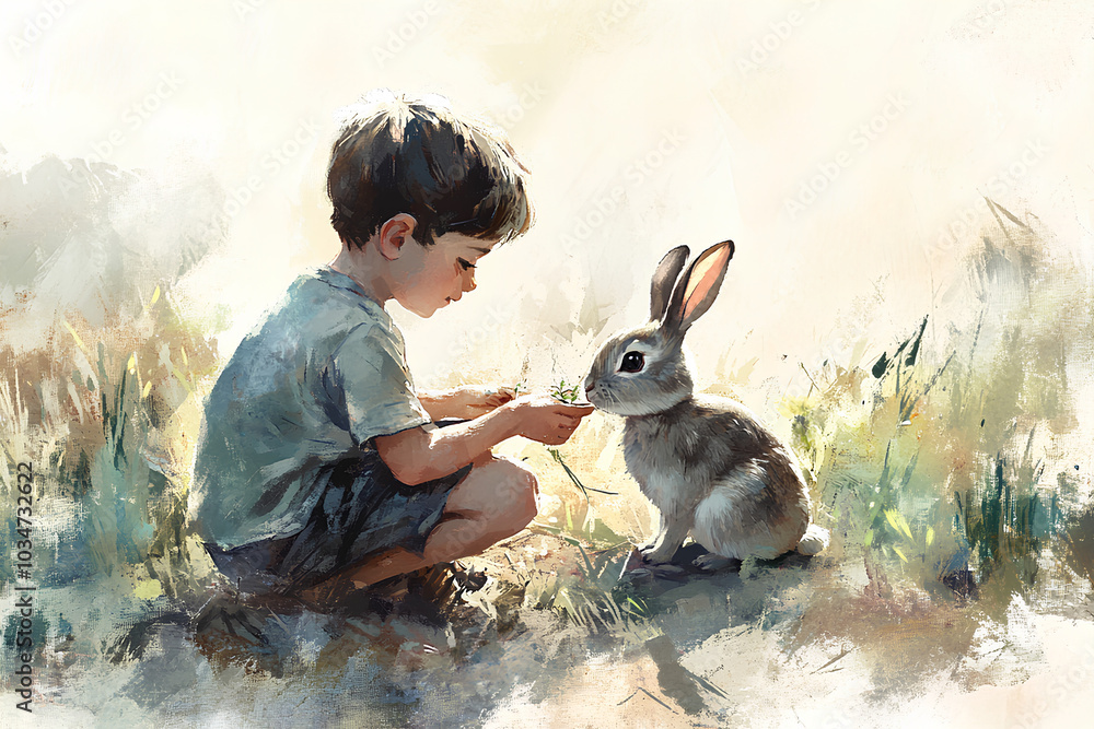 Wall mural the small boy and a rabbit, illustration