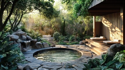 Fototapeta premium A serene outdoor spa with a natural hot spring, surrounded by lush greenery and stones, inviting guests to unwind in a peaceful setting