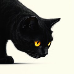 Black cat with striking yellow eyes, isolated on a white background.