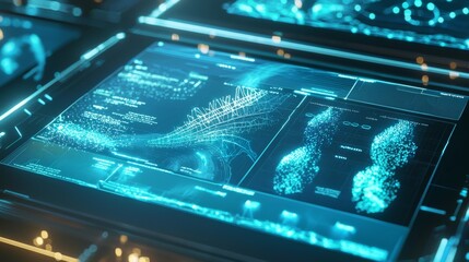 Close-up of futuristic holoscan displays with interactive elements representing CRISPR gene editing