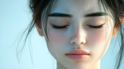 An emotionally withdrawn Asian girl in 3D style, her eyes closed, facial expression showing deep disappointment, soft pastels, light background, focus on human feelings