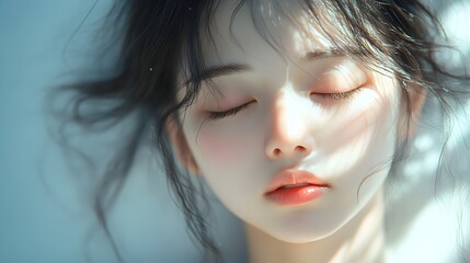 An emotionally withdrawn Asian girl in 3D style, her eyes closed, facial expression showing deep disappointment, soft pastels, light background, focus on human feelings