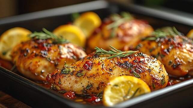 Juicy roasted chicken breasts garnished with lemon and herbs, served in a baking dish.
