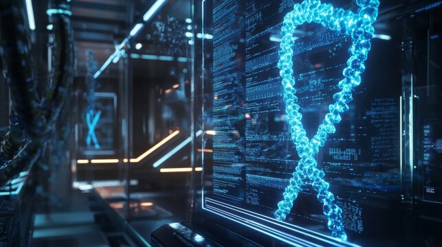 Holographic interface in a genetic research facility, with complex DNA sequences in focus