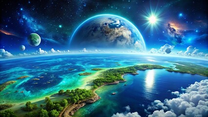 A celestial vista of a vibrant blue planet, shrouded in swirling clouds, with a sunburst illuminating a tranquil archipelago below