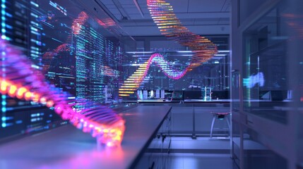 Gene mapping through 3D holographic displays in a futuristic lab, with colorful genome strands