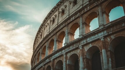 Fototapeta premium The Colosseum in Rome, Italy, standing tall against a vivid sunset sky, symbolizing ancient history.
