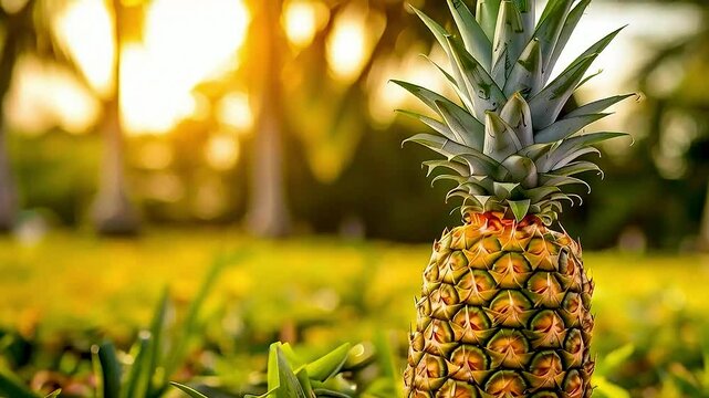 a pineapple  in  a field  with the sun shining in the background