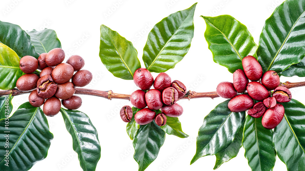 Poster coffee beans growing on tree branches with leaves in natural setting generative ai