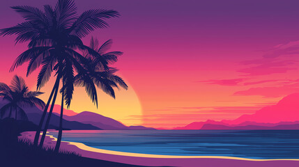 Tropical sunset over ocean with palm trees.