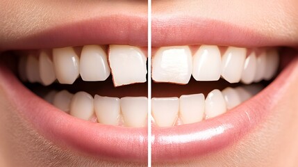 Dental cosmetic bonding comparison, showing chipped and uneven teeth before, and the flawless, smooth tooth structure after the bonding process