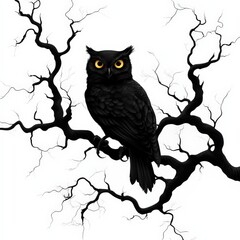 Obraz premium Owl perched on a black branch against a white isolated background