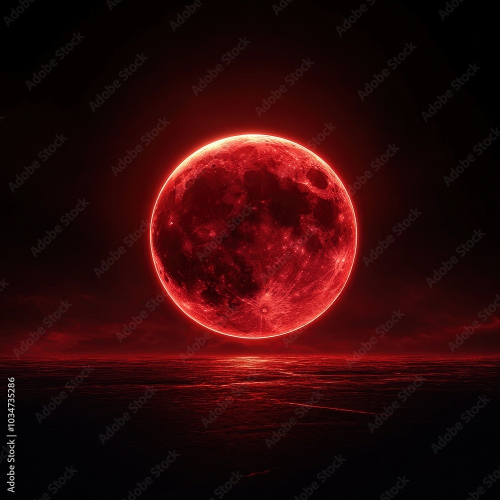 Wall mural Red moon illuminating the night sky with a dark, mysterious atmosphere.