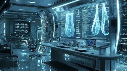 A sleek lab with futuristic holographic screens showing advanced gene sequencing analysis