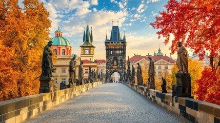 Naklejka premium The historic Charles Bridge in Prague, Czech Republic, with statues lining its length.