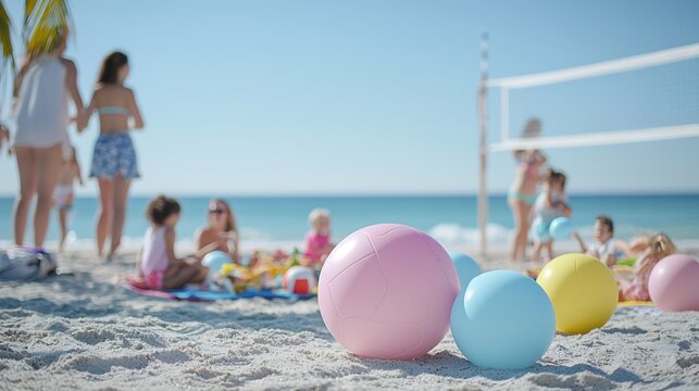 A lively summer beach party captured at midday, with colorful beach balls, energetic people playing volleyball, and families enjoying picnics. The camera focuses on the vibrant activity while