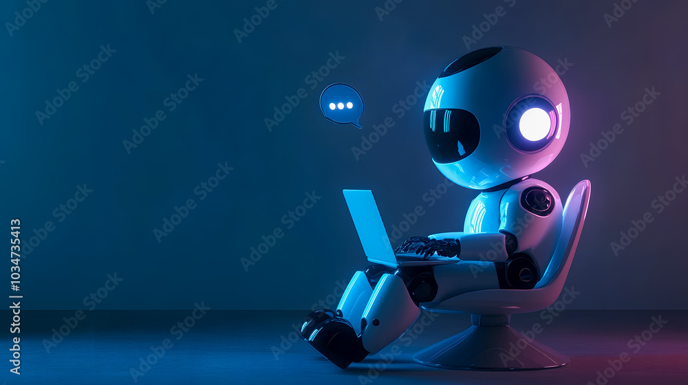 Poster chatbot robot with laptop in modern digital setting