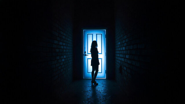 A black shadow of a woman stands in the middle of a narrow room, behind which is a door that shines blue