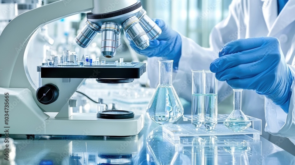Aufkleber close up view of scientist examining samples through microscope in modern laboratory