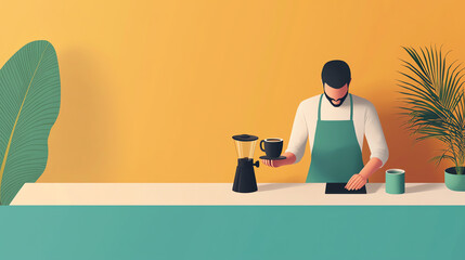 Barista preparing coffee at colorful cafe counter