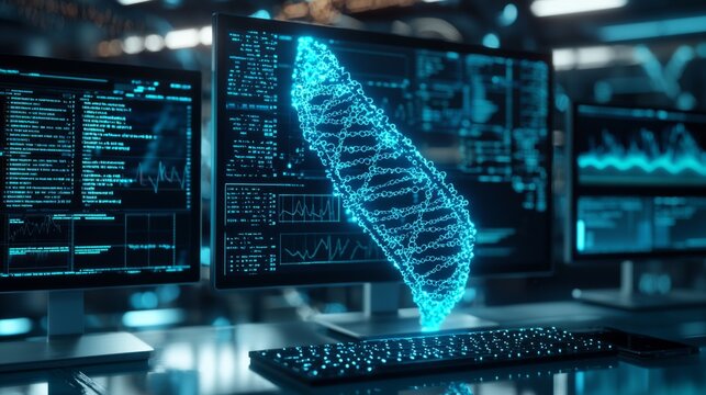 Holographic model of DNA floating between futuristic computer terminals in a genomics research hub