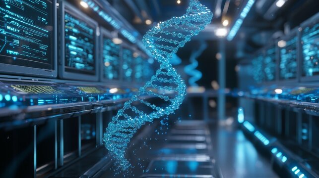 Holographic model of DNA floating between futuristic computer terminals in a genomics research hub