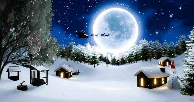 Christmas Eve, Santa Claus gives gifts in the sky with a bright blue Super Full moon on a snowy night. Village in the middle of a pine forest on a mountain, high in snow. 3D Rendering
