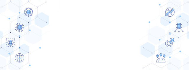 Global Banner Vector Illustration with Two-sided Icon Style. Line Duotone icon. Containing globe, travel, decrease, global network, global server, global, union, worlwide