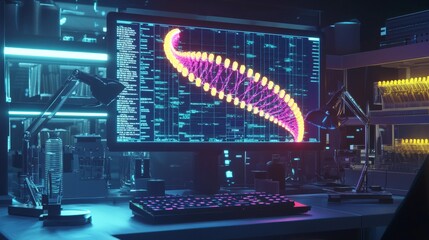 Advanced laboratory with neon-lit holoscan of a genome sequence rotating above an interactive console