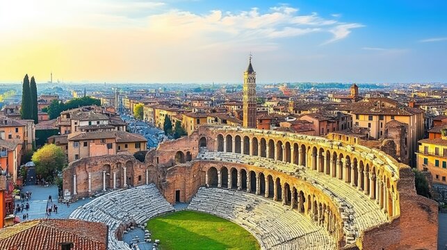 The ruins of an ancient Roman amphitheater in Verona, Italy, with surrounding city views.