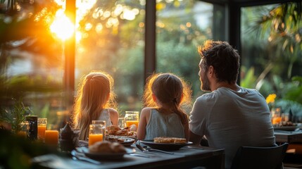 A father and his two daughters are seated at a table surrounded by greenery, sharing breakfast while the sun rises, illuminating their joyful expressions and the delicious spread before them.