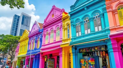 Naklejka premium The vibrant, bustling atmosphere of Little India, with its ornate temples and colorful storefronts.