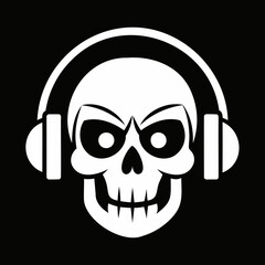 Skull with headset black silhouette, Skull logo vector illustration. music skull logo template