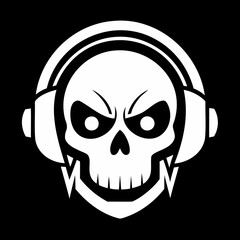 Skull with headset black silhouette, Skull logo vector illustration. music skull logo template